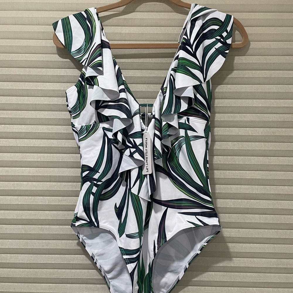 Green and White Print Swimsuit - Picture 3 of 3